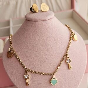 Gold Heart and Key Charm Necklace and Earring Set